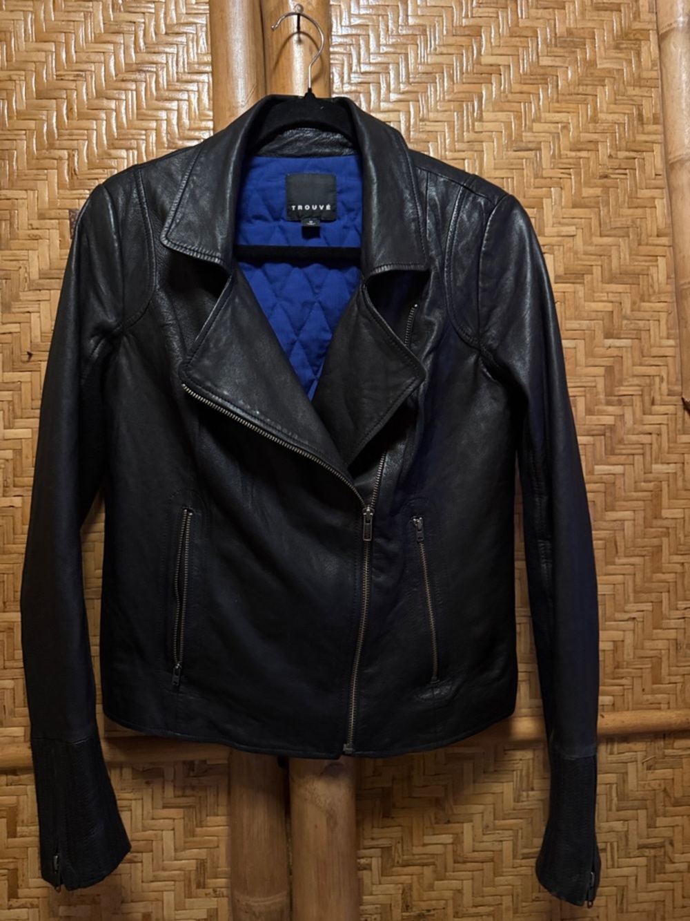 Trouve Black Leather Moto Jacket with Blue Quilted Lining medium